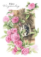 vogel in vogelhuisje tussen rozen